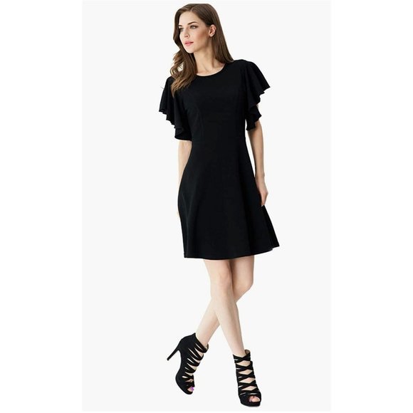 Size XXL‎ 1X 16 BLACK CREPE FLUTTER SLEEVE SKATER DRESS Wedding Party PLUS SIZE - Picture 8 of 11